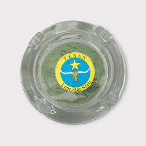 Texas Lone Star State Glass Ashtray Round 4 Slot Longhorn Souvenir Yellow Blue